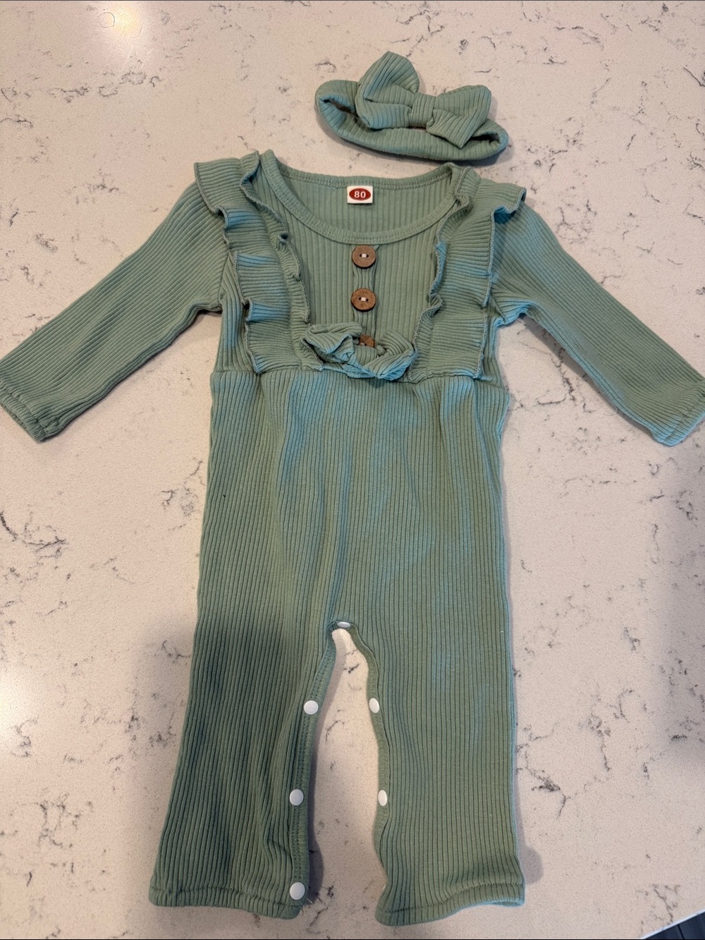 Baby Ribbed Long-Sleeve One-Piece in Sage Green with Headband